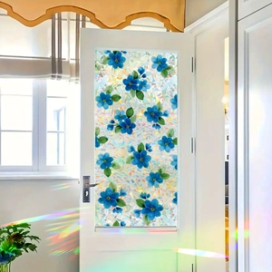 Blue floral mosaic glass window film with rainbow effect for home decoration