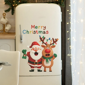 Cartoon Santa and reindeer wall stickers with Merry Christmas slogan for home decor