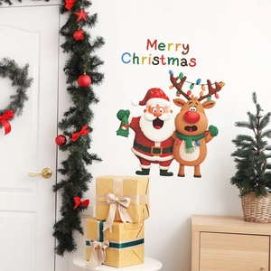 Cartoon Santa Claus and reindeer wall stickers with Merry Christmas slogan for home decor