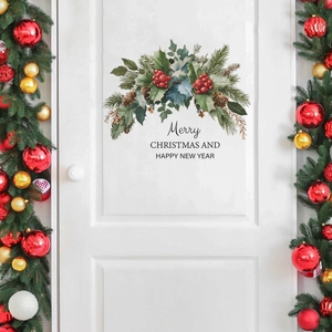 Christmas pinecone and red berry wall stickers with Merry Christmas greeting on white door