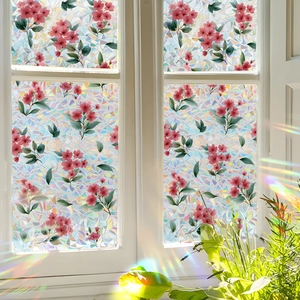 Pellicola per Finestre Privacy con Motivo Fiori di Ciliegio Effetto Arcobaleno Laser a Prisma Adesivo Statico per Vetro Casa