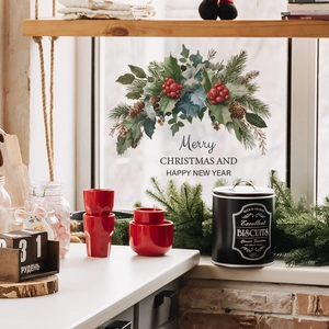 Christmas wall sticker with pine needles and red berries design for home decoration