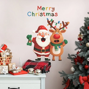 Cartoon Christmas Santa Claus Reindeer Wall Sticker PVC Merry Christmas Lettering Decal For Home Holiday Decoration