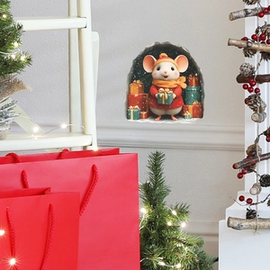 Detailed 3D cartoon mouse wall sticker with Christmas gift boxes and snow elements