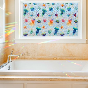 Iridescent ocean life window film with sea creature patterns for bathroom glass privacy