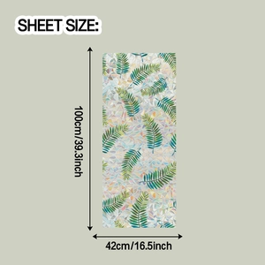 Detailed sheet size guide for tropical leaf glass window film measuring 100cm by 42cm