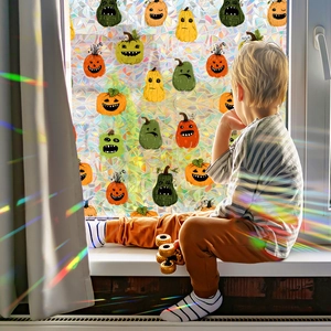 Rainbow laser Halloween pumpkin window static cling film with crystal texture effect