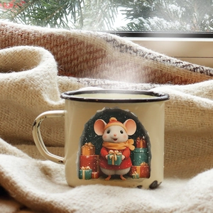 Detailed view of a 3D cartoon mouse enamel mug on a cozy winter knitted blanket