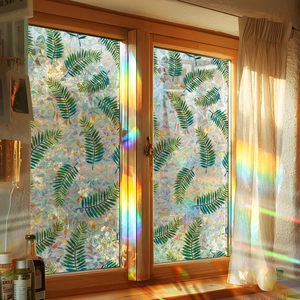 3D rainbow window film with tropical green fern leaves and geometric laser texture effect