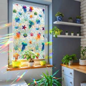 Rainbow laser sea world ocean creature window film with jellyfish and coral static cling decor