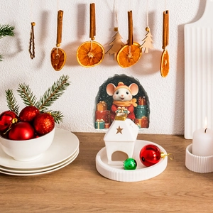 3D Christmas mouse hole wall sticker featuring a cute mouse holding a gift box