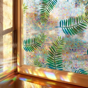 3D Rainbow Window Film Static Cling Privacy Decorative Glass Sticker Laser Tropical Green Leaves Pattern For Home Office