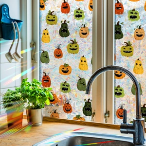 Rainbow laser Halloween pumpkin window privacy film with colorful funny facial expressions