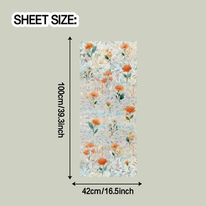 Detail view of floral static glass film showing sheet size of 100cm by 42cm dimensions