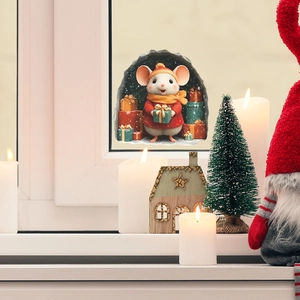 Detail of 3D Christmas mouse wall sticker with Santa hat and gift box on window frame