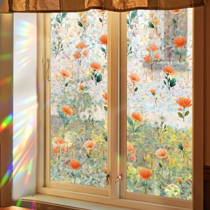 Rainbow laser floral window film with prism effect and static cling for home glass decor