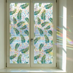 Tropical leaves static window film with 3D laser rainbow effect for privacy and decor