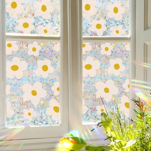 3D Rainbow Daisy Window Film Static Cling Privacy Glass Sticker Decorative Frosted Prism Film For Living Room Bedroom Glass Decor