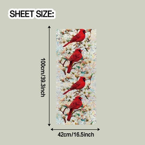 Detail showing 42x100cm sheet size of stained glass window film with red birds and flowers