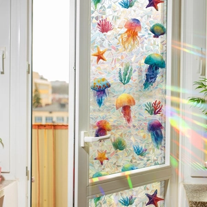 Rainbow laser sea world window film with jellyfish and coral for bathroom privacy decor