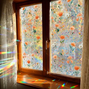 3D laser floral glass film with orange poppy patterns showing rainbow refraction effects