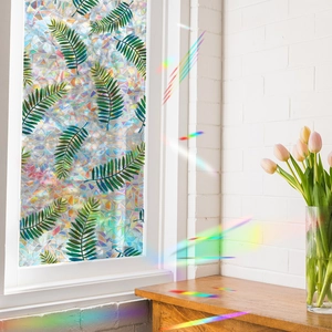 Rainbow effect tropical green leaf window privacy film with decorative laser refraction