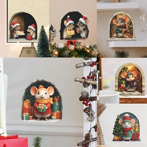 3D Christmas Mouse Hole Wall Sticker Cartoon Mice DIY Decal PVC Removable Skirting Board Decoration For Home Party Kids Gift
