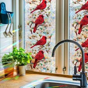 Vibrant laser cardinal and floral window static cling film for home kitchen decor