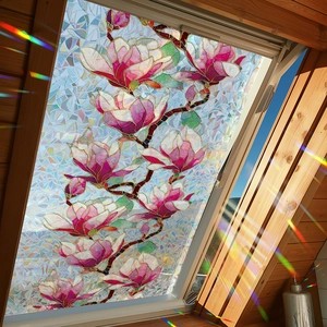 Luminous purple magnolia static glass sticker with rainbow prism effect for windows