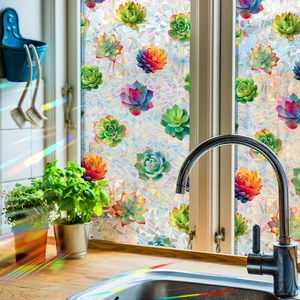 Rainbow succulent pattern window privacy film with 3D colorful light refraction effects