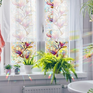 Rainbow laser geometric magnolia flower static cling window film for home privacy decor