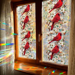 Rainbow laser cardinal bird and floral window privacy film with colorful light effect