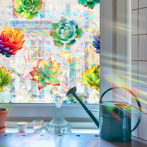3D Rainbow Succulent Window Film Static Cling Privacy Glass Sticker Iridescent Decorative Window Decal For Home Bathroom