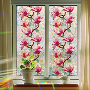 Rainbow laser stained glass window film with purple magnolia floral pattern for home decor