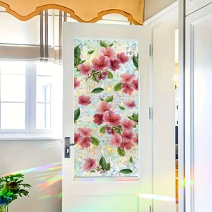 Laser rainbow window film with pink cherry blossoms and mosaic pattern for glass doors