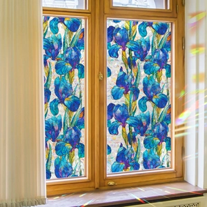 Rainbow laser blue iris flower stained glass window film with static cling for home privacy