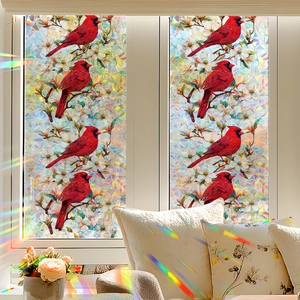 Stained glass window film with cardinal and floral pattern for privacy and decoration
