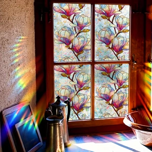 Rainbow magnolia floral glass window film showing 3D laser effect in sunlight