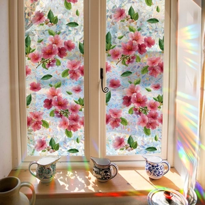 Laser iridescent 3D window film with pink cherry blossoms and green leaf patterns