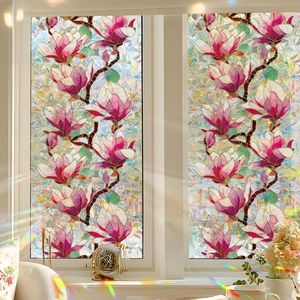 Stained Glass Magnolia Window Film Static Cling Privacy Decorative Glass Sticker For Home Office Entryway Window Door Decor