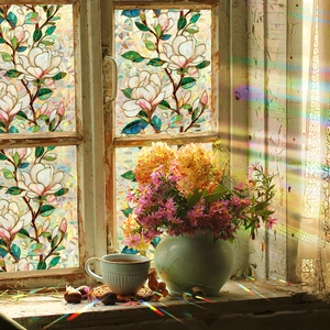 Retro magnolia window film with laser geometric pattern on a vintage wooden frame
