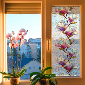 Laser geometric magnolia flower window film with privacy frosted decorative glass texture