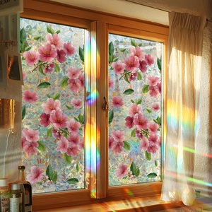 Rainbow laser cherry blossom window film with colorful prism effect and pink flowers