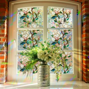 Magnolia Flower Prism Effect Static Cling Window Film For Privacy Retro Stained Glass Style Vinyl Sticker Rainbow Window Cling