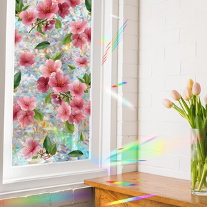 3D Rainbow Static Window Film with Pink Cherry Blossoms and Green Leaves Decor