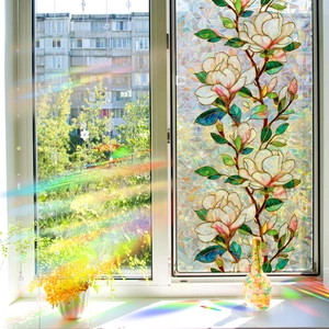 Retro magnolia stained glass window film with decorative rainbow refraction effect