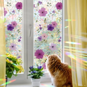 Laser flower static window film with Morandi purple blooms and rainbow light effects