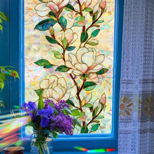 3D Magnolia stained glass static window film for privacy with laser artistic effect