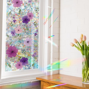 3D rainbow window film with Morandi purple flower design for home glass decoration