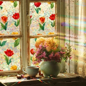 3D rainbow window film with tulip patterns providing privacy and static cling effect